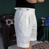 Threebooy British Style Men Naples Linen Shorts Paris Waist Buckle Button Knee Length Pant Summer High Quality Casual Loose Short Trouser