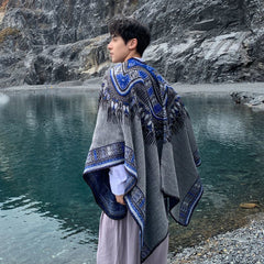 Threebooy Ethnic Style Slit Thick Shawl Men Travel Photography Warm Scarf Vintage Poncho Fashion Cape Outwear Cloak Streetwear Unisex