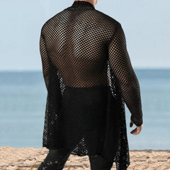 Threebooy Sexy Hollow Out Loose Cardigan Shawl Mens Spring Summer Long Sleeve Beach Shirts Mesh Perspective Long Coat Cloak Streetwear