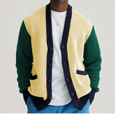 Threebooy Autumn Winter Youth Mens Patchwork Knitwear Long Sleeve Collarless Coarse Wool Sweater Fashion Button Cardigan Coat Men Clothing