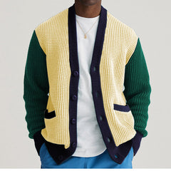 Threebooy Autumn Winter Youth Mens Patchwork Knitwear Long Sleeve Collarless Coarse Wool Sweater Fashion Button Cardigan Coat Men Clothing