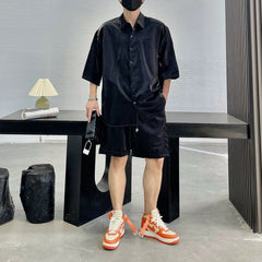 Threebooy Mens Metallic Short-Sleeved Shirt Shorts Suit Summer Niche Personality Streetwear Solid Color Two-Piece Suit Men'S Clothing
