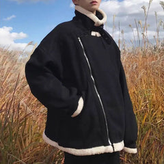 Threebooy Mens Autumn Winter Cotton-Padded Jackets Plus Velvet Thickened Lambswool Jackets Genderless Korean Loose Warm Jackets Unisex