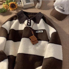 Threebooy Retro Striped Knitted Polo Shirt Men Autumn Winter Thick Contrast Color Sweater Japanese Lazy Style Loose Trendy Knit Tops