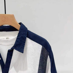 Threebooy Fashion Patchwork Cotton Linen Shirts For Men Half sleeve Turn-down Collar Loose Tops Summer Vintage Casual Shirt Streetwear