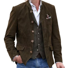 Threebooy 2025 New Suede jacket For Men Vintage Casual Suit Coat Spring Autumn Long Sleeve Stand Collar Retro Tops Outerwear Streetwear