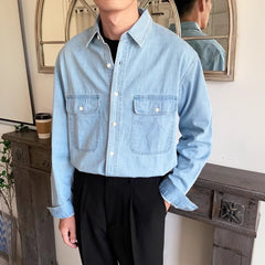 Threebooy American Vintage Men's Denim Shirt Safari Style Double Pocket Lapel Long Sleeve Top Spring Autumn Fashion Streetwear Shirts Male