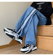 Threebooy High Street Hip Hop Men's Jeans Patchwork Zipper Design Loose Wide Legs Trousers Spring Autumn American Vintage Denim Pants