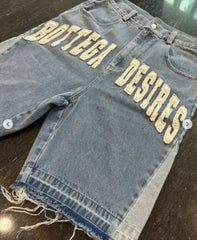Threebooy 2000s Bottega Desires Pieces Skateboard Denim Shorts Letter Cartoon Patchwork Loose Jeans Wide Leg Pants Harajuku Rock Pants Men