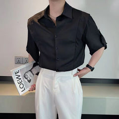Threebooy Summer Ice Silk Shirt For Men Fashion Casual Three Quarter Sleeve Tops Trendy Vintage Fake Two Shirts Streetwear Advanced Sense