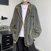 Threebooy American Vintage Denim Coat Men Women Distressed Broken Hole Tassel Tailored Collar Jeans Wear Spring Autumn Loose Long Jacket