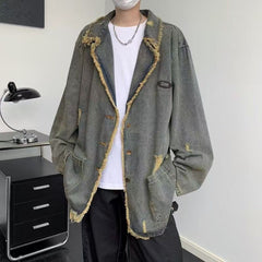 Threebooy American Vintage Denim Coat Men Women Distressed Broken Hole Tassel Tailored Collar Jeans Wear Spring Autumn Loose Long Jacket