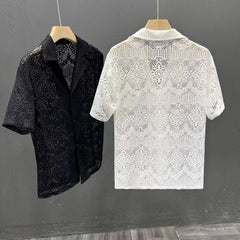 Threebooy Vintage Ice Silk Lace Shirts For Men Sexy Lace Breathable Hollow Out Tops Summer Fashion Cuban Collar Short Sleeved Shirt Male