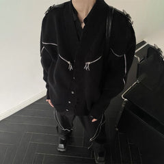Threebooy American Street Niche Deconstructed Stand-Up Collar Sweater Men'S Destroyed Design Sense Wool Coat Metal Button Trend Y2k Jacket