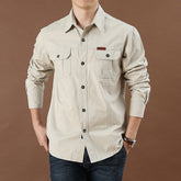 Threebooy Vintage Men's 100% Cotton Shirt Safari Style Multi-pocket Lapel Top Spring Autumn Long Sleeve Youth Loose Shirts Plus Size M-6XL