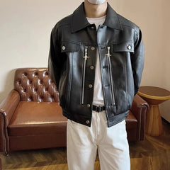 Threebooy Mens Pu Leather Jacket Zipper Motorcycle Pu Jacket Fashion Streetwear Biker Temperament Soft Casual Jacket Men'S Clothing 2024