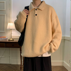 Threebooy Vintage Mens Polo Neck Sweater Autumn Winter Long Sleeved Knitted Top Japanese Lazy Style Fashion Loose Knit Sweater Thick