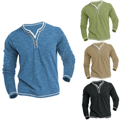 Threebooy waffle Henry Collar Button T shirts For Men Patchwork Long Sleeve Tops Sweatshirt Spring Autumn Fashion Casual Tee Streetwear