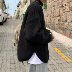 Threebooy Split Fork Solid Color Sweater For Men Half High Neck Long Sleeved Knitted Tops Autumn Winter Fashion Versatile Loose Knitwear