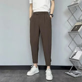 Threebooy Korean Cropped Pants For Men Fashion Casual Suit Pants Solid Slim Fit Straight Trousers Spring Summer Trend Youth Pant Plus Size