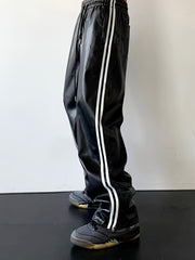 Threebooy Men's PU Leather Pants, 45% Polyurethane 55% Polyester, All-Season Street Style Straight Leg with Side Stripe Design, Loose Fit Woven Trousers, Allseason Pants | Modern Loose Pants | Drawstring Waistband