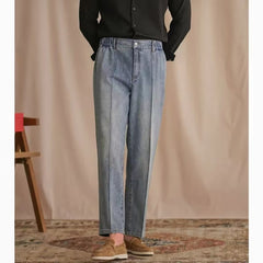 Threebooy Vintage Cotton Men Jeans Suit Pants Elastic High Waisted Straight Trousers British Business Style Casual Naples Denim Pant