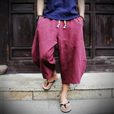 Threebooy Oversized Wide-leg Cotton Linen Calf-Length Pants Mens Summer Drawstring Loose Beach Shorts Casual Harlan Trousers Fat Plus Szie