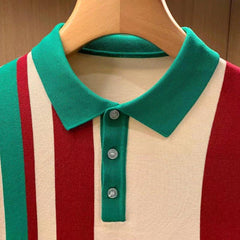Threebooy British Style Luxury Men Knitting Polo Shirt Stripe Short Sleeved Lapel Button Men's T Shirts Spring Summer Fashion Slim Tops