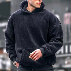 Threebooy Flannel Hoodie Men Winter Lamb Fur Solid Color Hooded Pullover INS Style Fashion Loose Warm Tops Sweatshirt Youth Streetwear