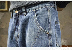 Threebooy American Style Multi Pocket Denim Pants Men Spring Autumn Loose Straight Trouser Trendy Vintage Cargo Jeans Fashion Streetwear