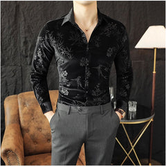 Threebooy Korean Style Elastic Velvet Shirt For Men Spring Autumn Long Sleeve Slim Fit Tops Fashion Vintage Shirts Barber Nightclub