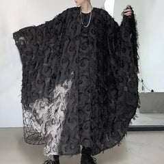 Threebooy Dark Knee-Length Long Cloak Autumn New Nightclub Party Performance Clothing Youth Trend Loose Solid Casual Feather Cloak