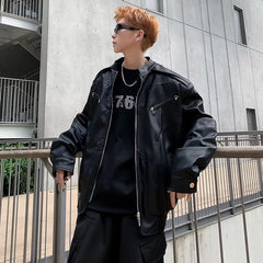 Threebooy American Vintage High Street Leather Jacket Men Long Sleeve Stand Collar Motorcycle Tops Spring Autumn Fashion Handsome PU Coat