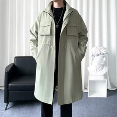 Threebooy Mens Windbreaker Multi-Pocket Workwear Style Jacket Autumn Mid-Length British Simple Long-Sleeved Cape Coat Men'S Clothing 2024