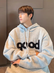 Threebooy Men'S Hooded Cable Knit Sweater, Grey, Thickened for Fall/Winter, Loose Fit, Casual Style, Polyester, Stretch Fabric, Drawstring Detail