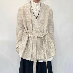 Threebooy Mens Jacket Jacquard Belt Elegant Apricot Suit Genderless Chinese Style Retro Court Style Campus Casual Long-Sleeve Top Unisex