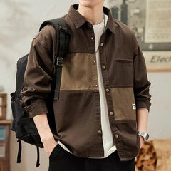 Threebooy American Vintage Denim Shirt For Men Heavy Weight Patchwork Jacket Spring Autumn Trendy Loose Shirts Coat Streetwear Casual Top