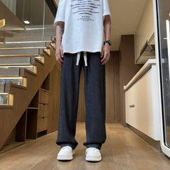 Threebooy Texture Ice Silk Quick Drying Casual Pants Men Drawstring Loose Straight Leg Trousers Summer Fashion Sport Pant Streetwear