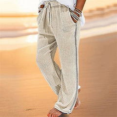 Threebooy Vintage Men Pleated Cotton Linen Casual Pants Drawstring Side Zip Elastic Waist Comfort Breathable Beach Trousers Straight Pants