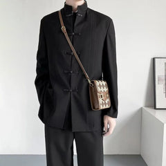 Threebooy Mens Chinese Style Stand Collar Cheongsam Button Suit Genderless Autumn Winter Fashion Trend Business Casual Retro Suit Unisex