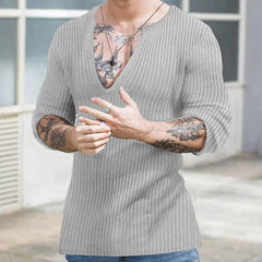 Threebooy Spring Autumn Men Knit Cotton T Shirt Long Sleeve V-neck Loose Casual Pullover Fashion Solid Thin Knited Tops Streetwear Male