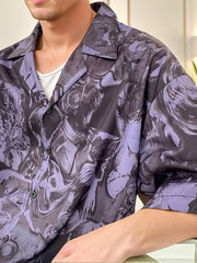 Threebooy Men's Casual Floral Print Polyester Shirt, 100% Polyester Non-Stretch Fabric, Loose Fit Lapel Collar with Button Details, All-Season Woven Draped Top for City Walks, Outdoor Activities, Parties, Beach, Anniversary,