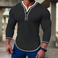 Threebooy waffle Henry Collar Button T shirts For Men Patchwork Long Sleeve Tops Sweatshirt Spring Autumn Fashion Casual Tee Streetwear
