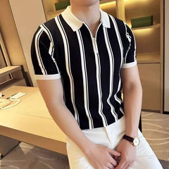 Threebooy British Style Luxury Knit Polo Shirt Men Striped Short /Long Sleeve Half Zipper Top Business Casual High Quality Tee Streetwear