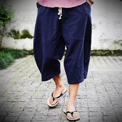 Threebooy Oversized Wide-leg Cotton Linen Calf-Length Pants Mens Summer Drawstring Loose Beach Shorts Casual Harlan Trousers Fat Plus Szie
