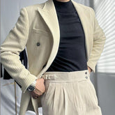 Threebooy British Style Men's Corduroy Casual Double Breasted Suit And Naples Pant Two-piece Set Fashion Vintage Business Suits Outfits