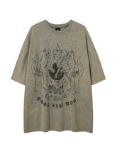 Threebooy high street cat print short pomwashed old loose shirt NA627