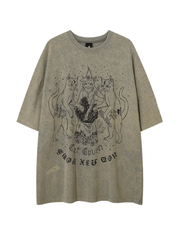 Threebooy high street cat print short pomwashed old loose shirt NA627