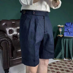 Threebooy British Style Men Naples Linen Shorts Paris Waist Buckle Button Knee Length Pant Summer High Quality Casual Loose Short Trouser