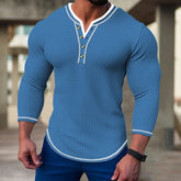 Threebooy waffle Henry Collar Button T shirts For Men Patchwork Long Sleeve Tops Sweatshirt Spring Autumn Fashion Casual Tee Streetwear